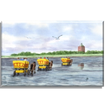 Leinwand 40 x 30 cm Keilrahmen Canvas-Leinen Aquarell Maritim Kunst Druck Kunstdruck Nordsee Cuxhaven Watt Wattwagen Kutsche Pferdekutsche Insel Neuwerk